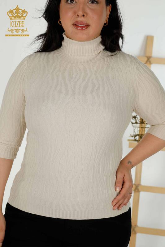 Wholesale Women's Knitwear Sweater Self Woven Beige - 30290 | KAZEE