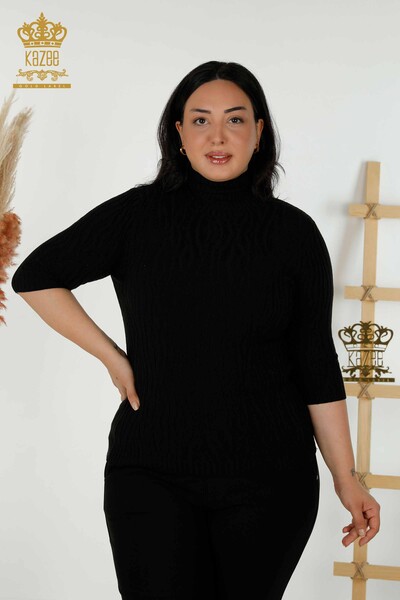 Wholesale Women's Knitwear Sweater Self Woven Black - 30290 | KAZEE - Thumbnail