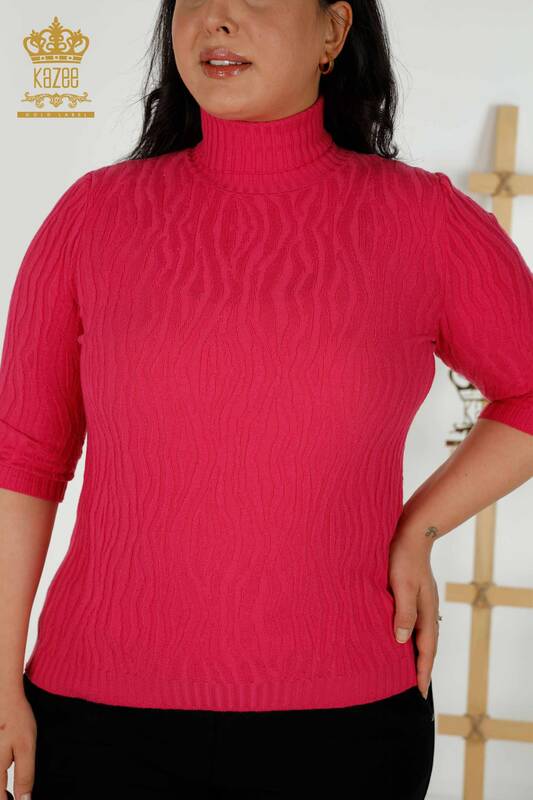 Wholesale Women's Knitwear Sweater Self Woven Fuchsia - 30290 | KAZEE