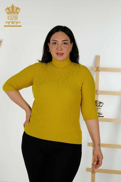Wholesale Women's Knitwear Sweater Self Woven Olive - 30290 | KAZEE - Thumbnail