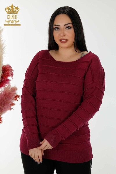 Wholesale Women's Knitwear Sweater Self Woven Plum - 30169 | KAZEE - Thumbnail