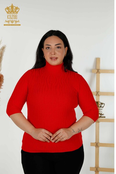Wholesale Women's Knitwear Sweater Self Woven Red - 30290 | KAZEE - Thumbnail