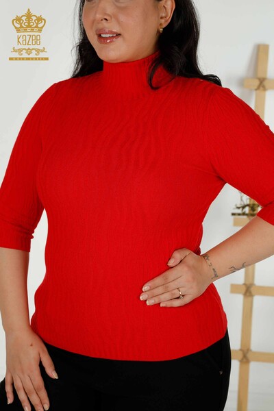 Wholesale Women's Knitwear Sweater Self Woven Red - 30290 | KAZEE - Thumbnail