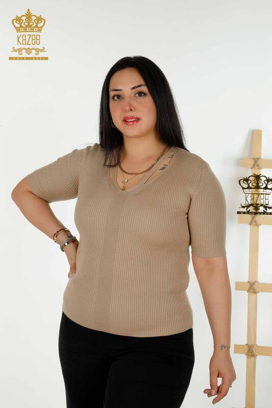 Wholesale Women's Knitwear Sweater Short Sleeve Beige - 30397 | KAZEE
