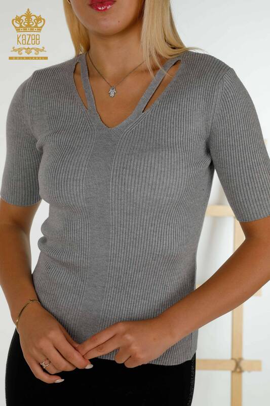 Wholesale Women's Knitwear Sweater - Short Sleeve - Gray - 30397 | KAZEE