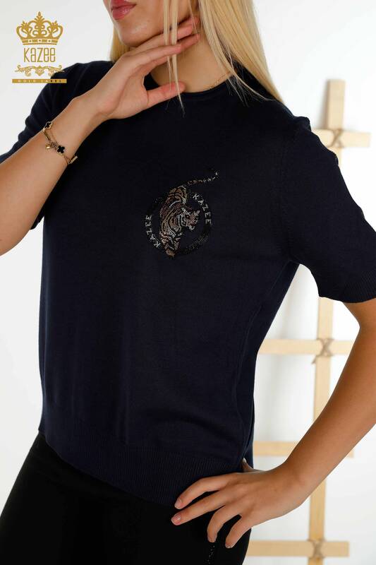Wholesale Women's Knitwear Sweater - Short Sleeve - Navy Blue - 30328 | KAZEE