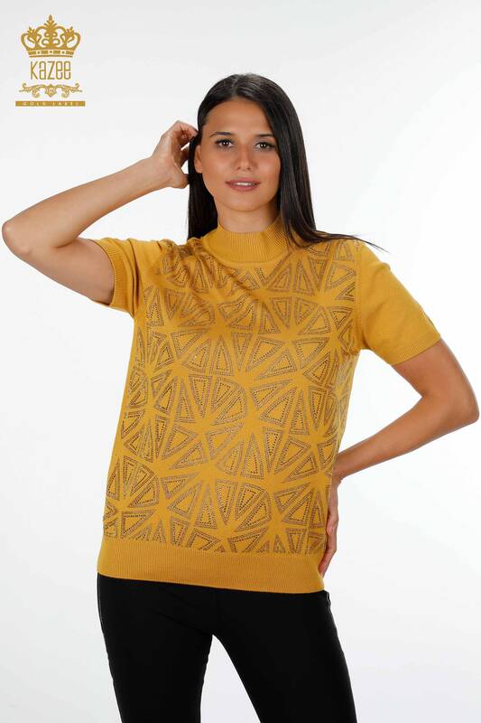 Wholesale Women's Knitwear Sweater Short Sleeve Patterned Stone Embroidered - 16931 | KAZEE