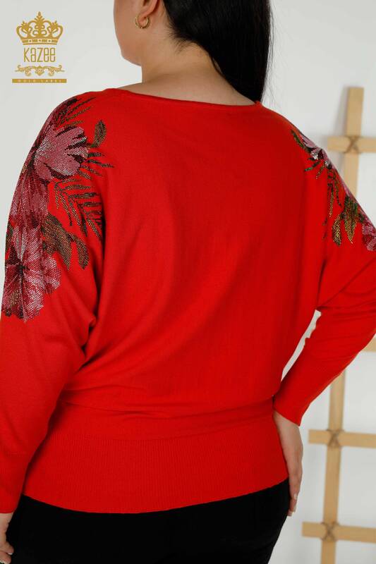 Wholesale Women's Knitwear Sweater Shoulder Floral Detail Coral - 16133 | KAZEE