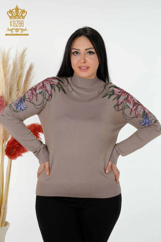 Wholesale Women's Knitwear Sweater Shoulder Floral Detailed Mink - 30007 | KAZEE