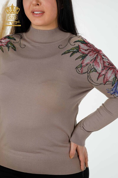 Wholesale Women's Knitwear Sweater Shoulder Floral Detailed Mink - 30007 | KAZEE - Thumbnail