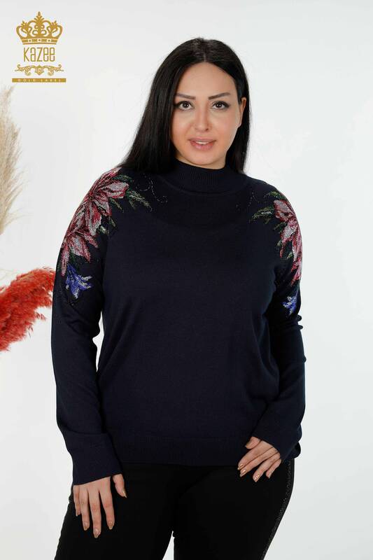 Wholesale Women's Knitwear Sweater Shoulder Floral Detailed Navy - 30007 | KAZEE