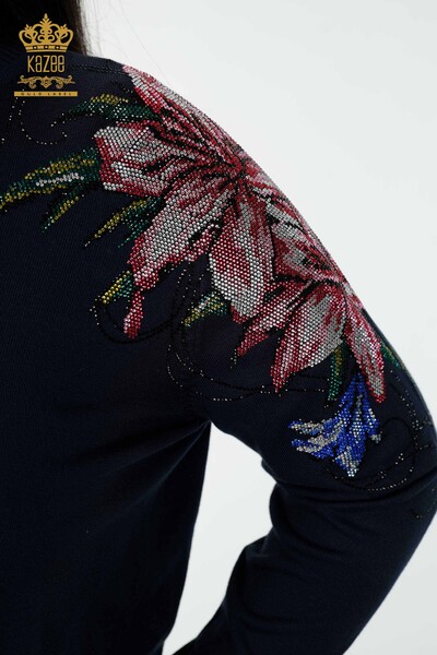 Wholesale Women's Knitwear Sweater Shoulder Floral Detailed Navy - 30007 | KAZEE - Thumbnail