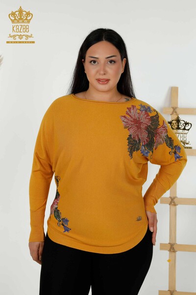 Wholesale Women's Knitwear Sweater - Shoulder - Floral Detail - Saffron - 16190 | KAZEE - Thumbnail