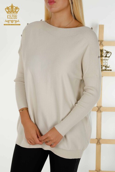 Wholesale Women's Knitwear Sweater Shoulder Detailed Beige - 30192 | KAZEE - Thumbnail
