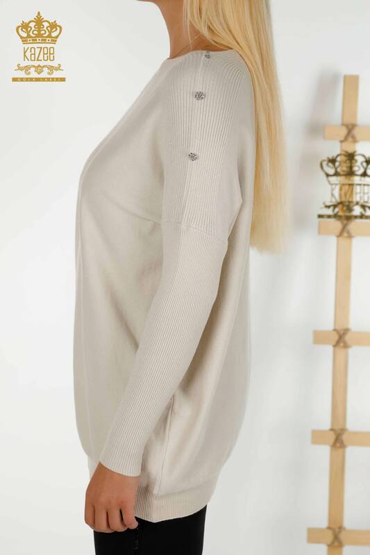 Wholesale Women's Knitwear Sweater Shoulder Detailed Beige - 30192 | KAZEE