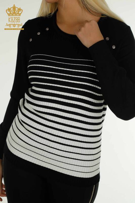 Wholesale Women's Knitwear Sweater with Shoulder Detail Black-Ecru - 30079 | KAZEE