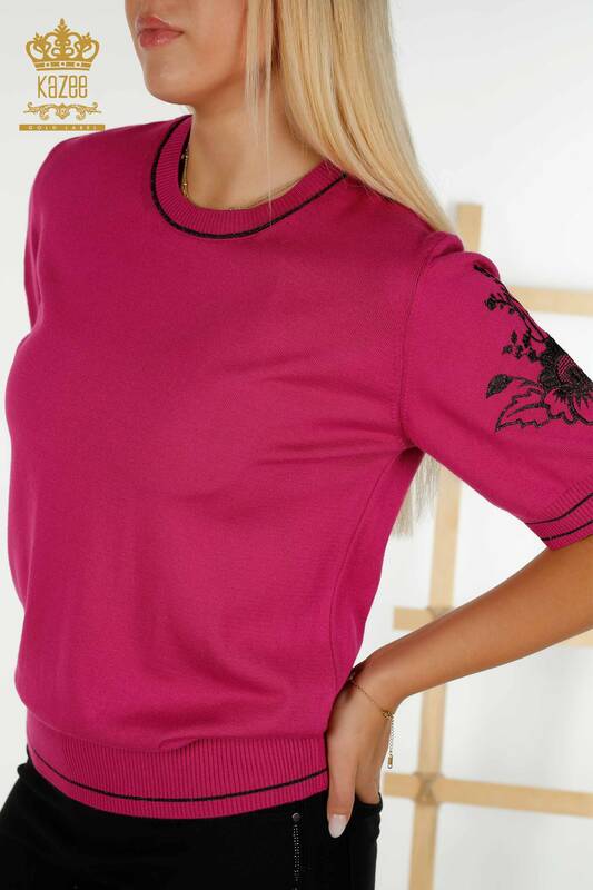 Wholesale Women's Knitwear Sweater Shoulder Embroidered Fuchsia - 30498 | KAZEE