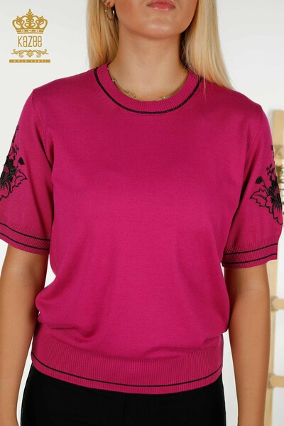 Wholesale Women's Knitwear Sweater Shoulder Embroidered Fuchsia - 30498 | KAZEE - Thumbnail