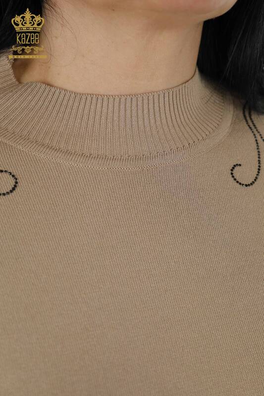Wholesale Women's Knitwear Sweater - Shoulder Floral Detail - Beige - 16597 | KAZEE
