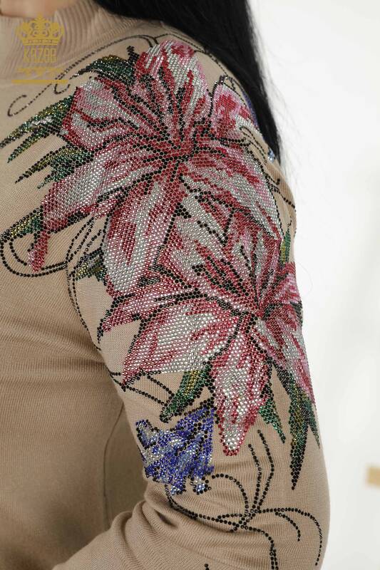 Wholesale Women's Knitwear Sweater - Shoulder Floral Detail - Beige - 30007 | KAZEE