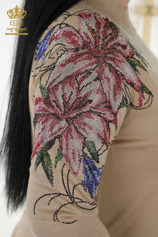 Wholesale Women's Knitwear Sweater - Shoulder Floral Detail - Beige - 30007 | KAZEE