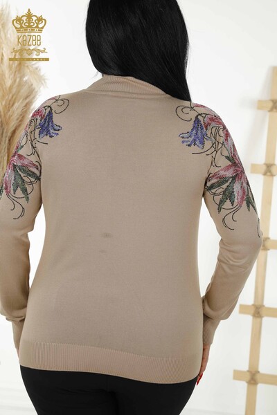 Wholesale Women's Knitwear Sweater - Shoulder Floral Detail - Beige - 30007 | KAZEE - Thumbnail