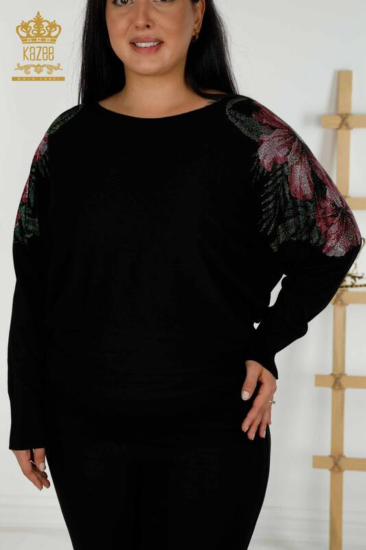 Wholesale Women's Knitwear Sweater Shoulder Floral Detail Black - 16133 | KAZEE