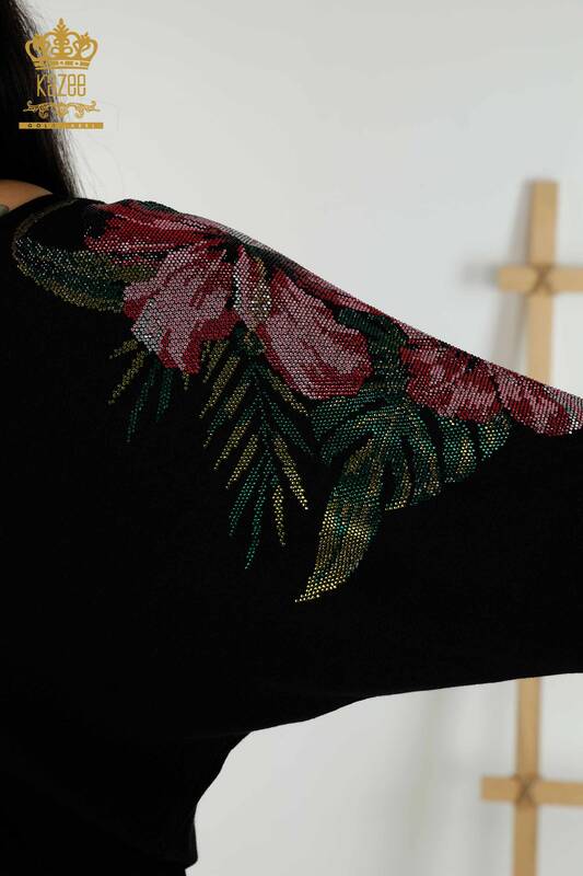Wholesale Women's Knitwear Sweater Shoulder Floral Detail Black - 16133 | KAZEE