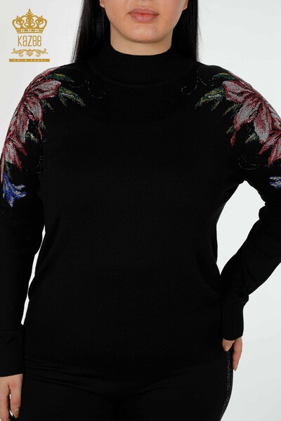 Wholesale Women's Knitwear Shoulder Floral Detail Black - 30007 | KAZEE - Thumbnail