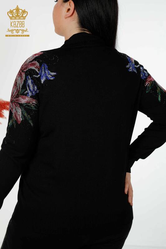 Wholesale Women's Knitwear Shoulder Floral Detail Black - 30007 | KAZEE