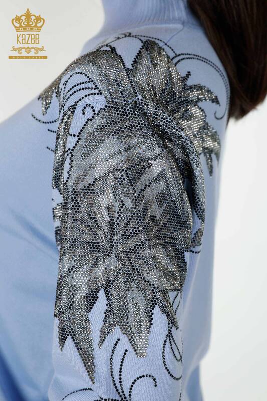 Wholesale Women's Knitwear Sweater Shoulder Floral Detailed Blue - 16597 | KAZEE