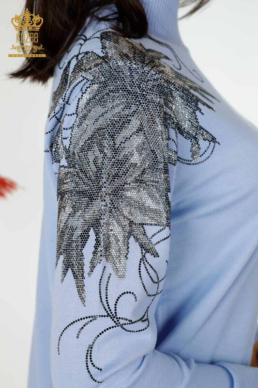 Wholesale Women's Knitwear Sweater Shoulder Floral Detailed Blue - 16597 | KAZEE