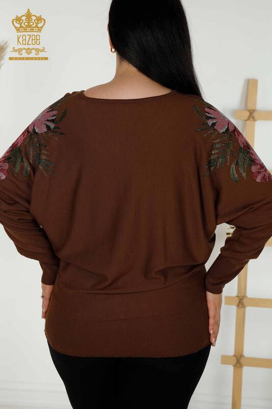 Wholesale Women's Knitwear Sweater Shoulder Floral Detail Brown - 16133 | KAZEE