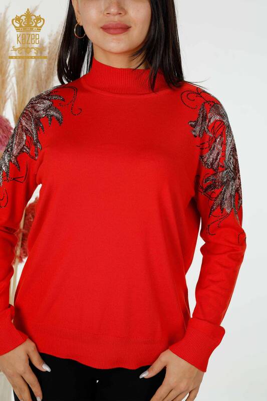 Wholesale Women's Knitwear Sweater Shoulder Floral Detail Coral - 16597 | KAZEE