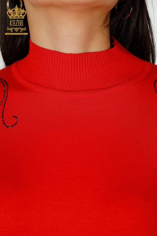 Wholesale Women's Knitwear Sweater Shoulder Floral Detail Coral - 16597 | KAZEE