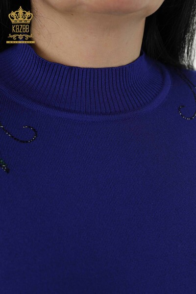 Wholesale Women's Knitwear Sweater - Shoulder Floral Detail - Dark Blue - 30007 | KAZEE - Thumbnail