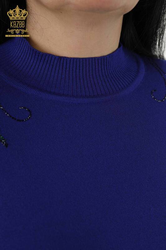Wholesale Women's Knitwear Sweater - Shoulder Floral Detail - Dark Blue - 30007 | KAZEE
