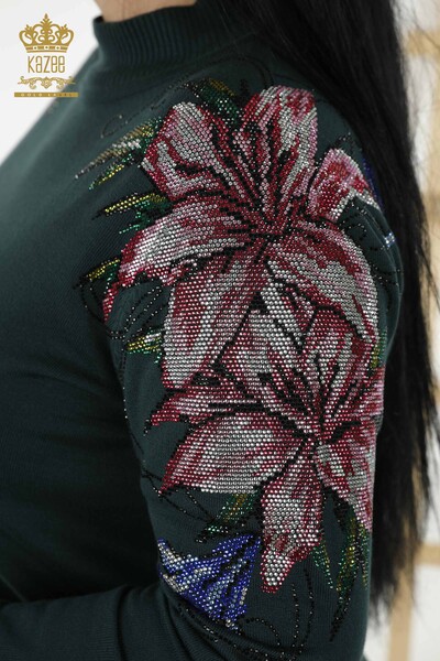 Wholesale Women's Knitwear Sweater - Shoulder Floral Detail - Dark Green - 30007 | KAZEE - Thumbnail