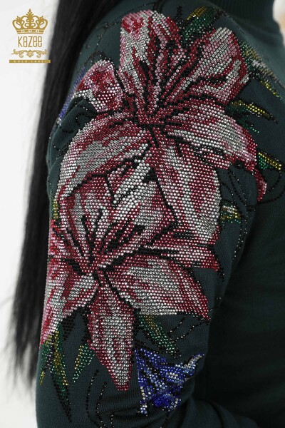 Wholesale Women's Knitwear Sweater - Shoulder Floral Detail - Dark Green - 30007 | KAZEE - Thumbnail