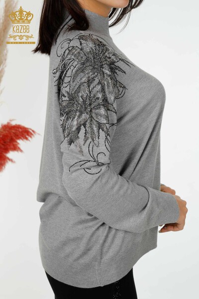 Wholesale Women's Knitwear Sweater Shoulder Floral Detail Gray - 16597 | KAZEE - Thumbnail