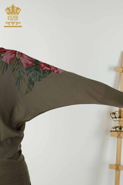 Wholesale Women's Knitwear Sweater Shoulder Floral Detail Khaki - 16133 | KAZEE - Thumbnail
