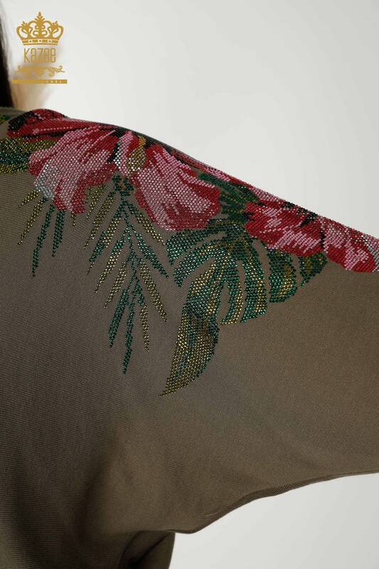 Wholesale Women's Knitwear Sweater Shoulder Floral Detail Khaki - 16133 | KAZEE