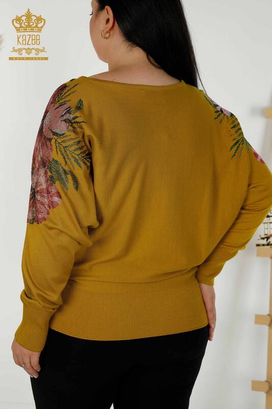 Wholesale Women's Knitwear Sweater Shoulder Floral Detail Lime - 16133 | KAZEE