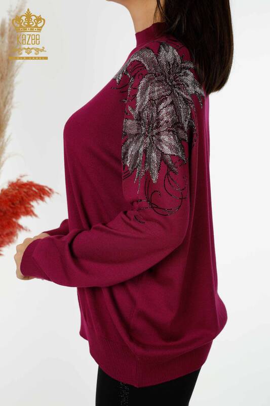 Wholesale Women's Knitwear Sweater Shoulder Floral Detail Purple - 16597 | KAZEE