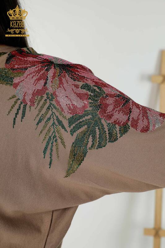 Wholesale Women's Knitwear Sweater Shoulder Floral Detailed Mink - 16133 | KAZEE