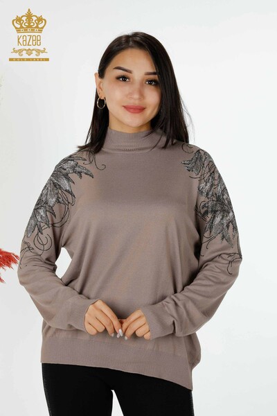 Wholesale Women's Knitwear Sweater Shoulder Floral Detailed Mink - 16597 | KAZEE - Thumbnail
