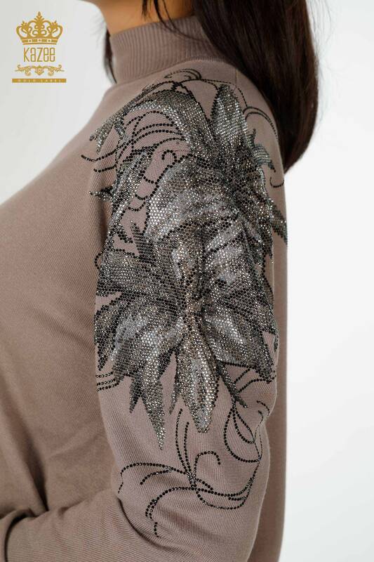 Wholesale Women's Knitwear Sweater Shoulder Floral Detailed Mink - 16597 | KAZEE