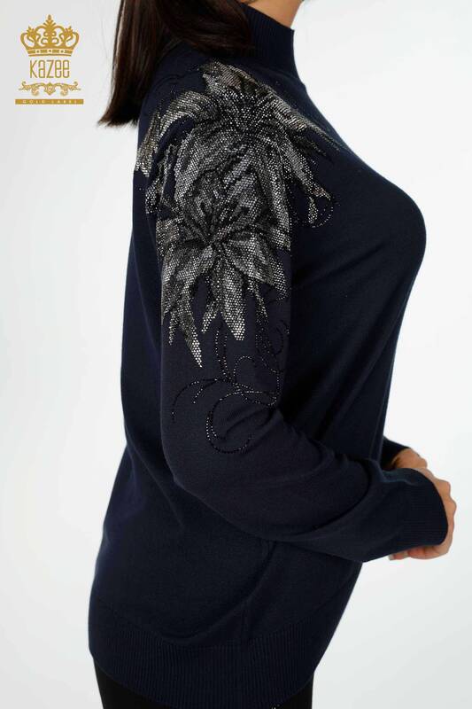Wholesale Women's Knitwear Sweater Shoulder Floral Detailed Navy Blue - 16597 | KAZEE
