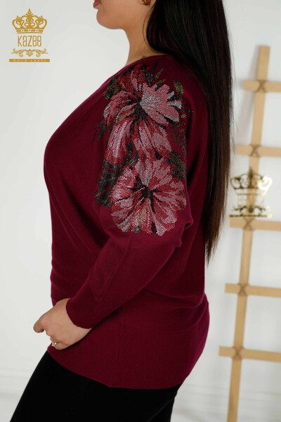 Wholesale Women's Knitwear Sweater Shoulder Floral Detail Purple - 16133 | KAZEE - Thumbnail