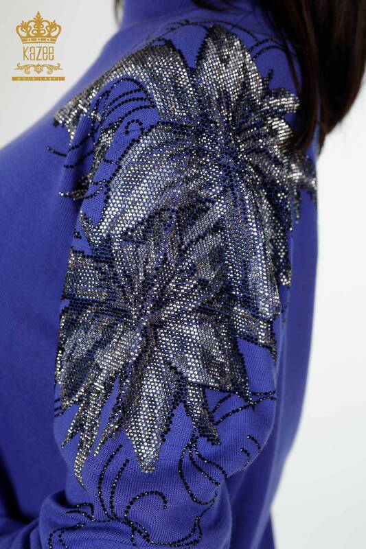 Wholesale Women's Knitwear Sweater Shoulder Floral Detail Violet - 16597 | KAZEE